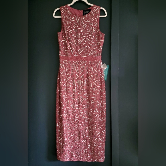 NWT Mac Duggal 93550 Pink Sleeveless Geometric Sequin Beaded Midi Dress Size‎ 4 - Picture 2 of 16